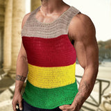 Itooh Vintage Contrast Color Striped Mens Tank Tops Knitted Breathable Sleeveless Knitting Vest Men Summer Casual O Neck Knitwear Man