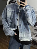 Itooh Niche Washed Raw Edge Denim Jacket Men's Gradient Color Trendy Retro Short Loose Coats Youth American Broad Shoulder Streetwear