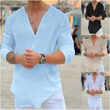 Itooh new men's linen long sleeve T-shirt Breathable shirt solid color casual basic cotton linen shirt top