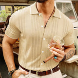 Itooh Retro Striped Knitted Lapel Mens Shirt Short-sleeved Buttoned Knitting Shirts For Men Summer Casual Slim Fit Knit Cardigan Tops