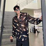 Itooh Men Sexy Feather Hollowed Out Shirt Men's Lapel Long Sleeved Transparent Clothing Streetwear Casual Loose Trendy Design Tops