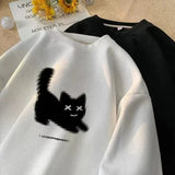 ITOOH Streetwear Harajuku Waffle Cotton Kawaii Hoodies for Men O-Neck Oversized Sweatshirt Y2K Black Cat HIP HOP Punk Winter Clothes