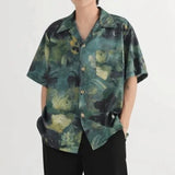 Itooh Summer Casual Men's Clothing Short Sleeve LooseLapel Single-breasted Ice Silk Printed Youth Hong Kong Breeze Commute Shirt