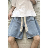 Itooh Wide Leg Baggy Denim Shorts Men Summer Thin Solid Color Casual Loose Simple Knee-length 5 Point Pants Drawstring Straight Shorts