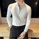 Itooh High Quality Waffle V-neck Shirt for Men's Long Sleeved Seamless Adhesive Stretch Shirt Solid Color Casual Business Dress Shirts