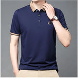 Itooh Summer High End Pure Cotton Men's Pullover Embroidered Turndown Collar Spliced Button Fashion Casual Short Sleeved Polo Shirt