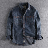 Itooh American Retro Snowflake Washed Old Denim Shirt Men's Tooling Thick Rough Jean Shirts Tide Loose Long-sleeved Chest Pocket Shirt