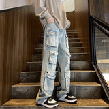 Itooh Harajuku Muti-pockets Cargo Jeans Men's Washed Patchwork Straight Casual Trousers Couple Streetwear Loose Fashion Pants