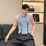 Itooh Summer New Trendy Men's Washed Denim Tank Top Sleeveless Round Neck Double Zipper Niche Design Personality Vest