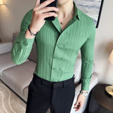 Itooh British Style Double Breasted Shirt for Men Striped Long Sleeved Casual Business Dress Shirts Slim Fit Social Party Streetwear