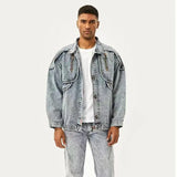 Itooh American Retro Jacket Snowflake Washed Vintage Denim Jacket Zipper Pocket Tooling Lapel Jean Coats Loose Motor Jaqueta Outerwear