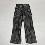 Itooh Y2k Mens American Retro Design Sense Punk Street Trousers Fashion High Waist Loose All-Match Split Line Leather Pants Unisex