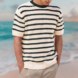 Itooh Summer Short Sleeve Sweater T Shirts Men Vintage Jacquard Striped Knitted Tops Mens Casual O Neck Jumper Tee Male Fashion Tops