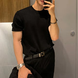 Itooh  Fashion Simple Solid Color Slim Short Sleeve Ribbed Knit T Shirts Mens Clothes Spring Summer Casual Crew Neck Pullover Tops Men