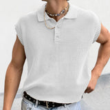 Itooh Leisure Solid Knitting Tops  Summer Turn-down Collar Knit Vest Polo Shirts Men's Fashion Sleeveless Buttoned Pullover Unisex