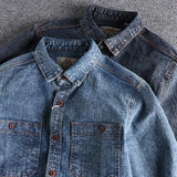 Itooh American Retro Snowflake Washed Old Denim Shirt Men's Tooling Thick Rough Jean Shirts Tide Loose Long-sleeved Chest Pocket Shirt