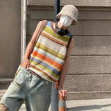 Itooh Men's Fashion Knitted Vest Trend Y2K Streetwear Summer Neutral Retro Casual Striped Sleeveless Tees Tops LGBT Sweater Tank Top