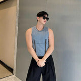 Itooh Summer New Trendy Men's Washed Denim Tank Top Sleeveless Round Neck Double Zipper Niche Design Personality Vest