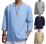 Itooh Men's V Neck Cotton Linen T Shirts Male Breathable Solid Color Three Quarter Casual Loose Casual Pullover Men T-Shirt Tops