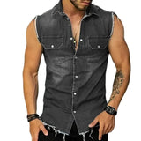 Itooh  Streetwear Mens Fashion Denim Vest Shirts Turn-down Collar Button-up Sleeveless Denim Tank Tops For Men Spring Summer Jean Vest