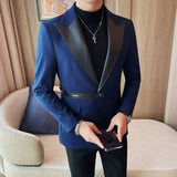 Itooh High Quality PU Splicing Closure-collar Suit Jackets Men Slim Casual Business Blazers Wedding Social Banquet Party Tuxedo Coat