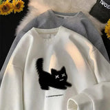 ITOOH Streetwear Harajuku Waffle Cotton Kawaii Hoodies for Men O-Neck Oversized Sweatshirt Y2K Black Cat HIP HOP Punk Winter Clothes