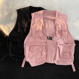 Itooh Classic Multi Pocket Tactical Vest Coat Japanese Couple Workwear Vest Hip Hop Streetwear Pink Single Button Sleeveless Jackets