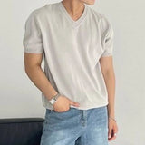 Itooh  Streetwear Men Clothing Fashion V Neck T Shirts Knitted Short-sleeved Mens T-shirt Knitwear Summer Casual Solid Color Knit Tops