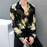 Itooh Mens Sexy Floral Hollow Ice Silk Perspective Long-Sleeve Shirt Autumn Genderless Nightclub Thin Breathable Mesh Top Unisex