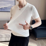 Itooh Summer  Men's New Fashion Short Sleeve Round Neck T-Shirt Sexy Hollow Out Breathable Top Solid Color Korean Knit Shirt