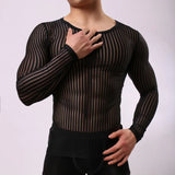 Itooh Mens Stripe Undershirt Breathable Slim Mesh Tees Shirt See Through Sheer Long Sleeves T Shirts Sexy Transparent Shirt Underwear