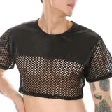 Itooh Mens Personalized T-Shirt Short Imitation Leather Mesh Stitching Fishnet Top Genderless Sexy Nightclub See-Through Navel Top