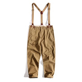 Itooh Japanese Casual Overalls Men's Youth Elastic Suspenders Khaki Jumpsuit Loose Straight Trousers Vintage Gentleman Leisure Pants