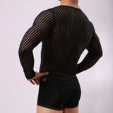 Itooh Mens Stripe Undershirt Breathable Slim Mesh Tees Shirt See Through Sheer Long Sleeves T Shirts Sexy Transparent Shirt Underwear