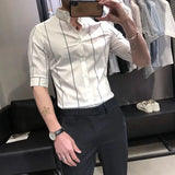 Itooh Korean Version Men's Commuter Top Spring and Autumn New Fashion Stripe Print Lapel Splice Button Business Casual Versatile Shirt