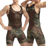 Itooh Men's Fashion Bodysuit Siamese Underwear Panties Wrestling Suit Breathable Mesh Male One-piece Camouflage Transparent Bodywear