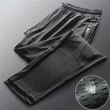 Itooh Summer Zip Pockets Men's Ice Silk Sweatpants Thin Breathable Quick Dry Stretch Casual Sports Outdoor Training Fitness Trousers