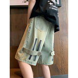 Itooh Summer Men Wide Leg Denim Shorts Vintage Cargo Hip-pop Baggy Knee Length Pants Stitching Streetwear Straight Casual 5 Pants