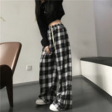 ITOOH Oversize Women Sweatpants Fashion Black Plaid Casual Pants Baggy Elastic Waist Pockets Student Unisex Hip Hop Loose Trousers