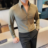 Itooh M-5XL Long Sleeved Shirts for Men Elegant V-neck Casual Business Dress Shirt Solid Color Slim Fit Social Party Tuxedo Blouse