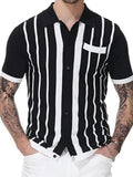 Itooh  Summer Short Sleeve Knitted Polo Shirt Casual Men Button-up Turn-down Collar Tops Mens Fashion Striped Polos Man Streetwear