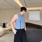 Itooh Summer New Trendy Men's Washed Denim Tank Top Sleeveless Round Neck Double Zipper Niche Design Personality Vest