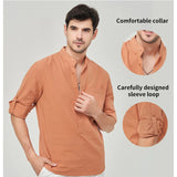 Itooh Spring and Autumn Men's Shirts Casual Loose Cotton Henley Shirts Fashionable Stand Collar Cotton Solid Color Linen Men's Clothes