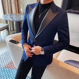 Itooh High Quality PU Splicing Closure-collar Suit Jackets Men Slim Casual Business Blazers Wedding Social Banquet Party Tuxedo Coat