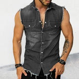 Itooh  Streetwear Mens Fashion Denim Vest Shirts Turn-down Collar Button-up Sleeveless Denim Tank Tops For Men Spring Summer Jean Vest