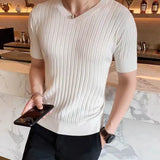 Itooh Summer Men's Retro Knitting Short Sleeve V Collar Solid Elastic Slim Black White Comfortable Vertical Stripes Office T-shirt