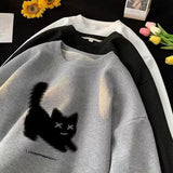 ITOOH Streetwear Harajuku Waffle Cotton Kawaii Hoodies for Men O-Neck Oversized Sweatshirt Y2K Black Cat HIP HOP Punk Winter Clothes