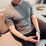 Itooh  Men's New Knitted Striped Short Sleeve Turtleneck T-shirt - Slim Fit, Breathable, Comfortable Underwear Top Bottoming Shirt