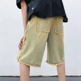 Itooh  Summer Raw Edge Denim Shorts Men Trendy Yellow Dyed Five-point Pants Tide Brand Ins Retro Loose Straight Pants