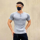 Itooh Men's T-shirt Summer Running Sports Fitness Clothes Muscle Slim Fit Short Sleeve Half Button O-neck Pullover Casual Short Sleeve